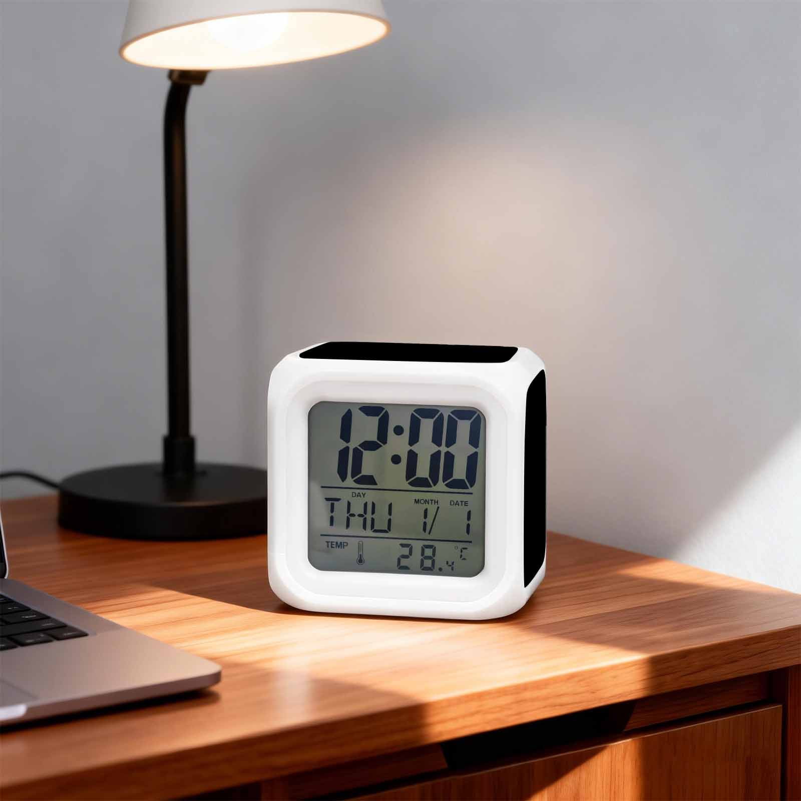 Black Digital Alarm Clock for Bedrooms, Smart LED Alarm Clock with 7 Color Changing Night Light, Pure Black Silent Wake Up Clocks for Sleep Study Cooking 3.2"x3.2"