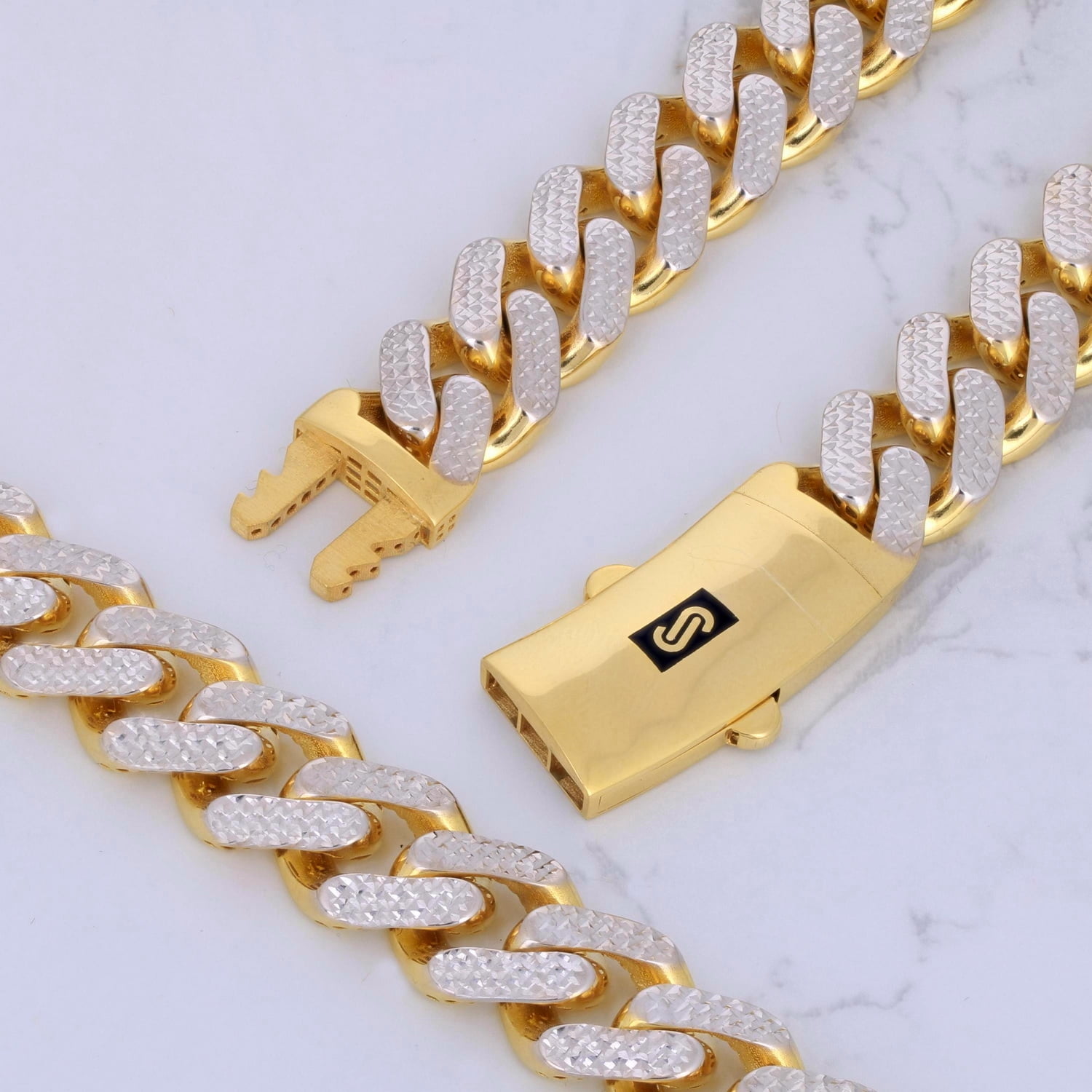 Nuragold 10k Real Yellow Gold Royal Monaco 13mm Miami Cuban Diamond Cut Pave Link Bracelet (8"-9") Two Tone Italian Jewelry for Men