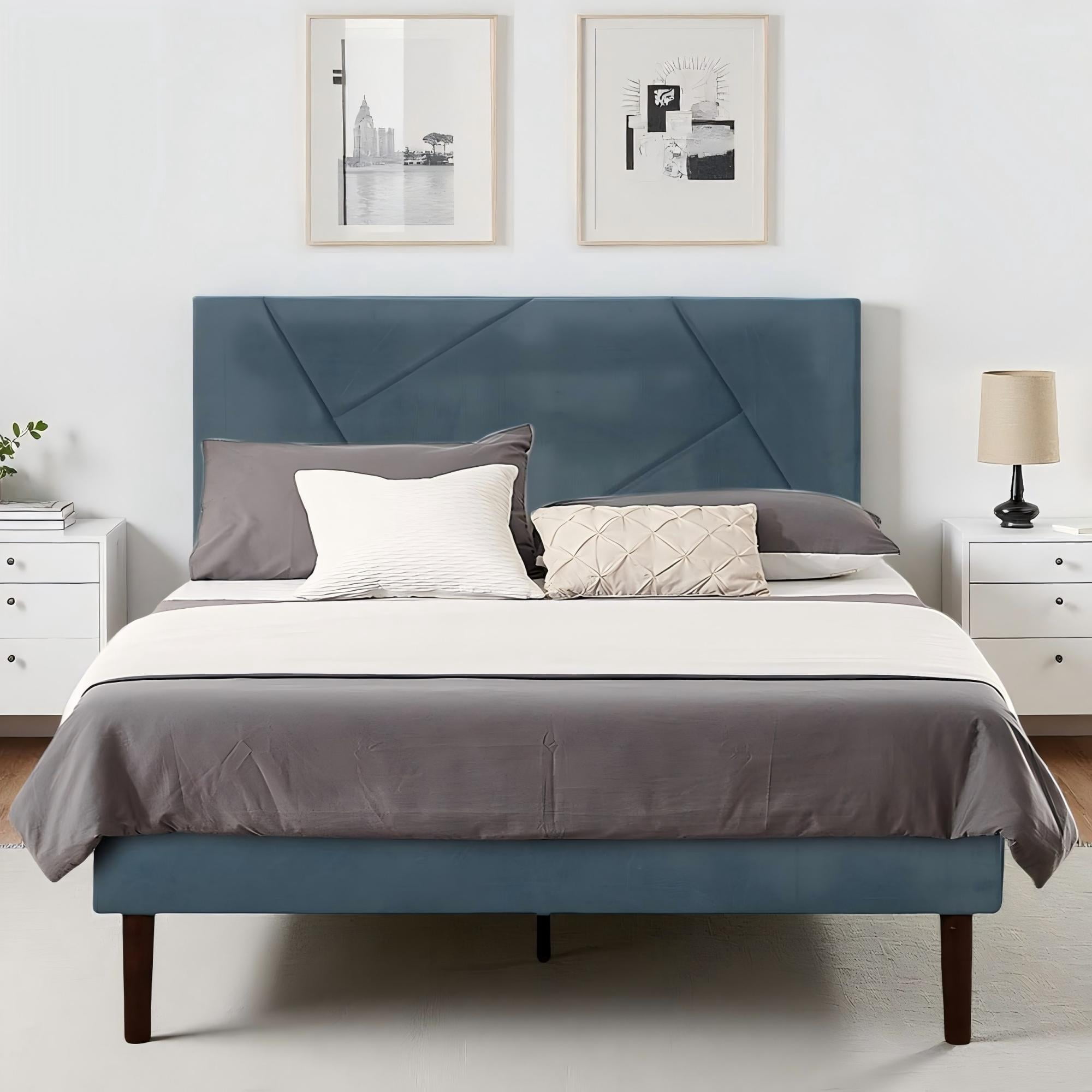 BSHTI Full-Size Platform Bed Frame with Velvet Upholstered Headboard, Sturdy Wood Slats and a Center Support Leg, Effortless Assembly,Blue