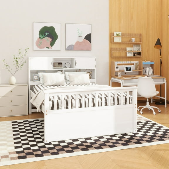 Full Size Captain Platform Bed Frame with Storage Bookcases and Shelves,Four Drawers,White