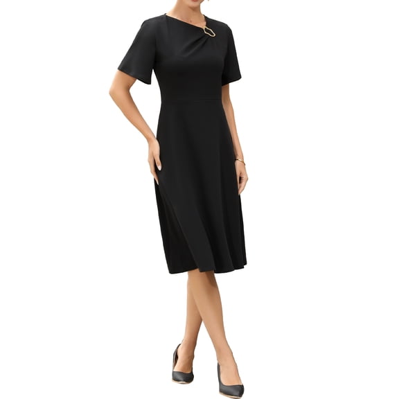 Work Dress for Women A-Line Short Sleeve Business Elegant Midi Dresses XS Black