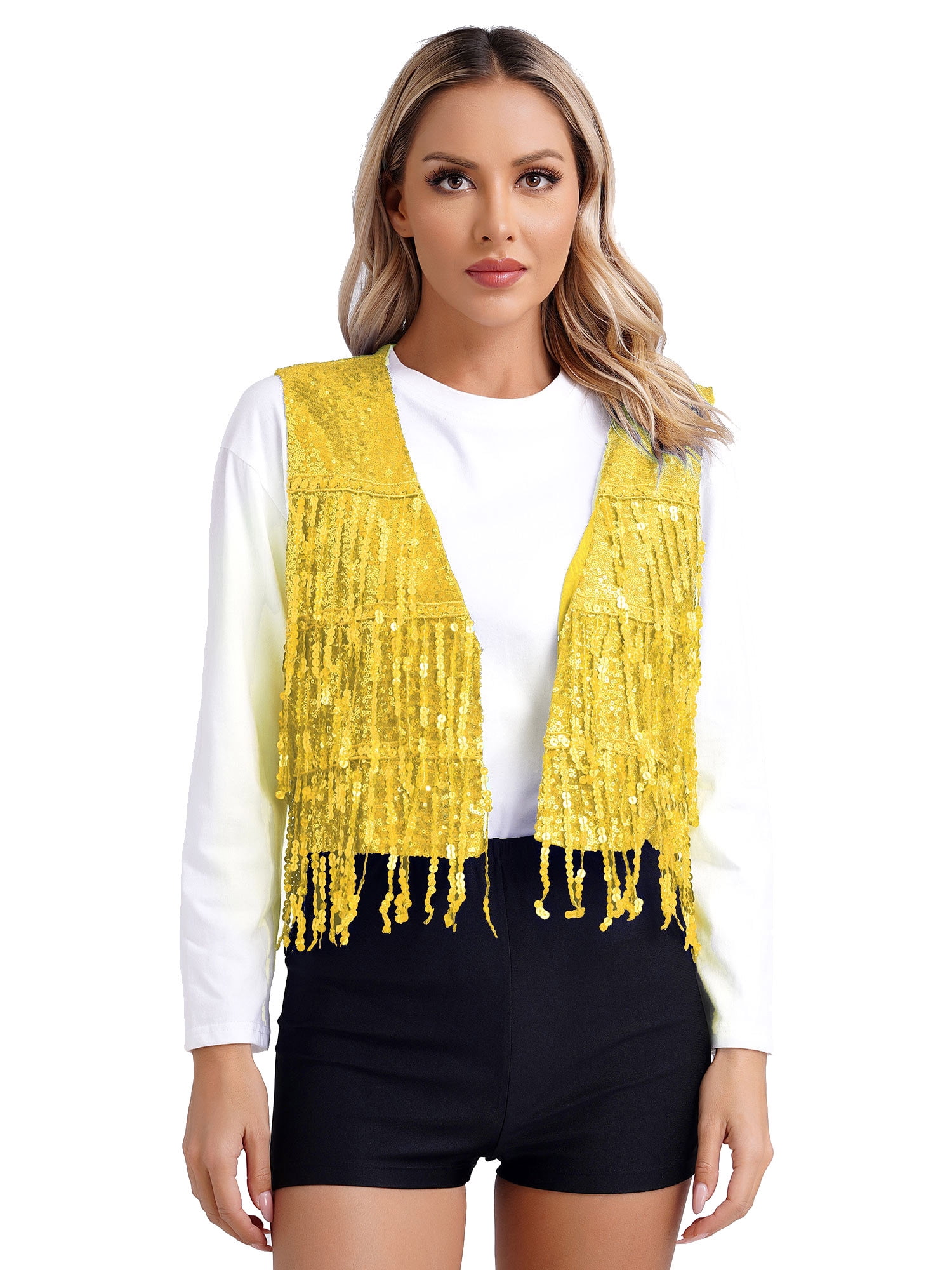 YONGHS Womens Sequin Fringe Vest Sparkle Open Front Waistcoat