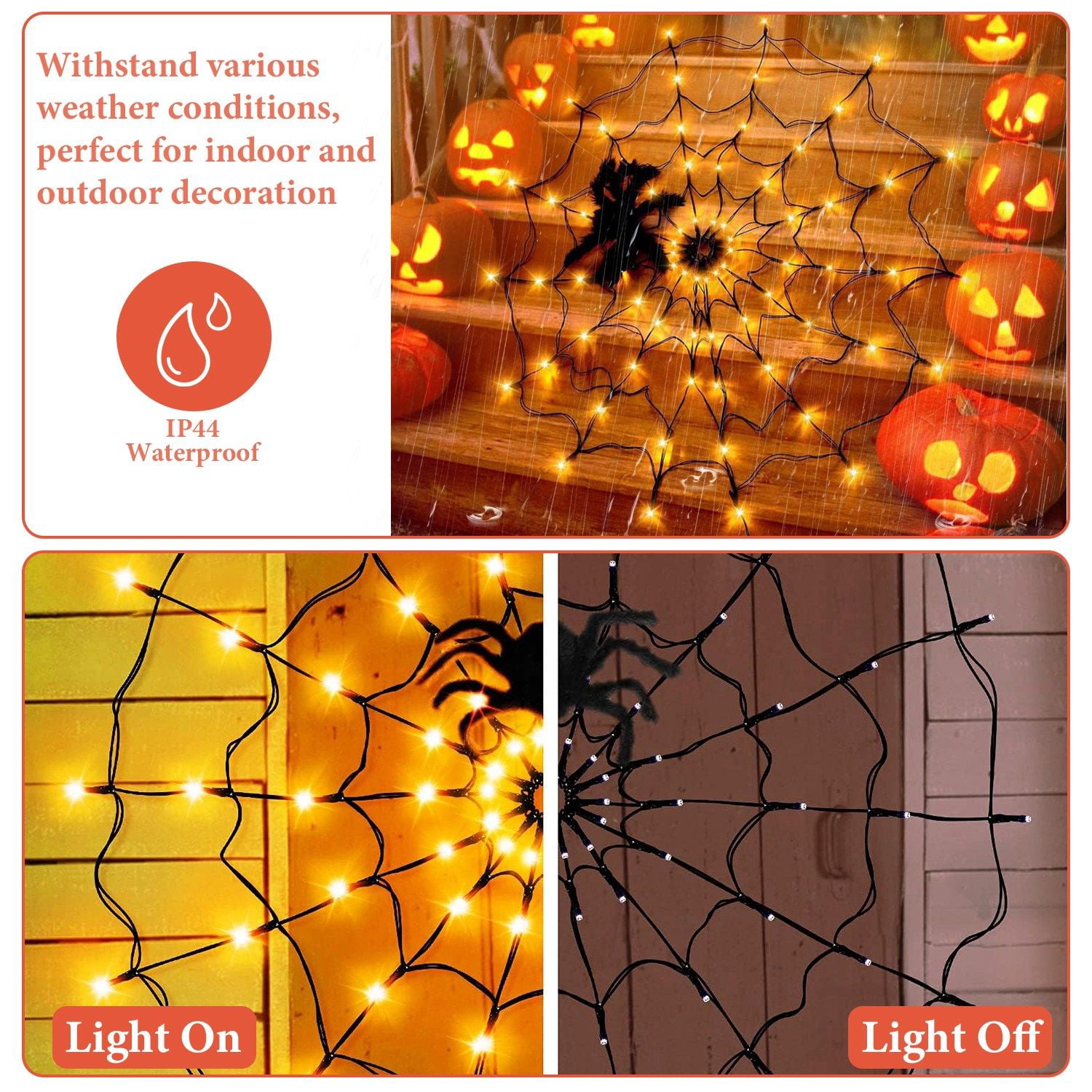 Halloween Spider Web Light 3.28FT with Remote Control 8 Modes 70 LED IP44 for Indoor Outdoor Party Decor