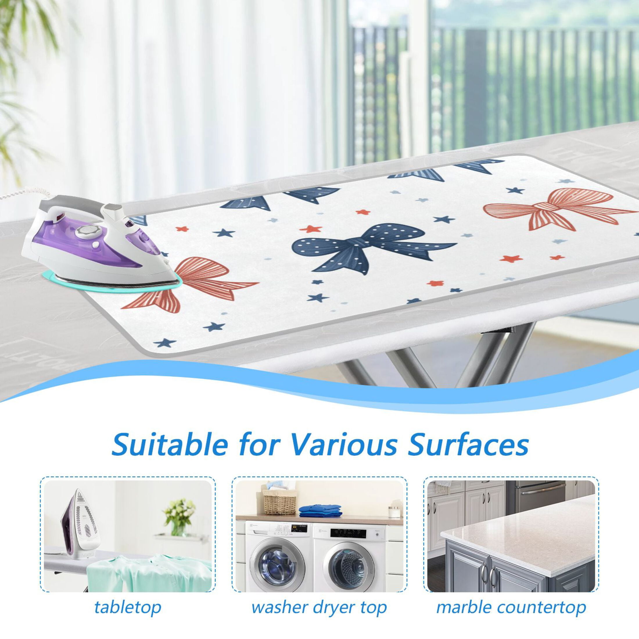 Cute Bowknots with Dots Stripes Ironing Mat Blanket Portable Travel Ironing Pad Heat Resistant Pad 47.2" x 27.6”
