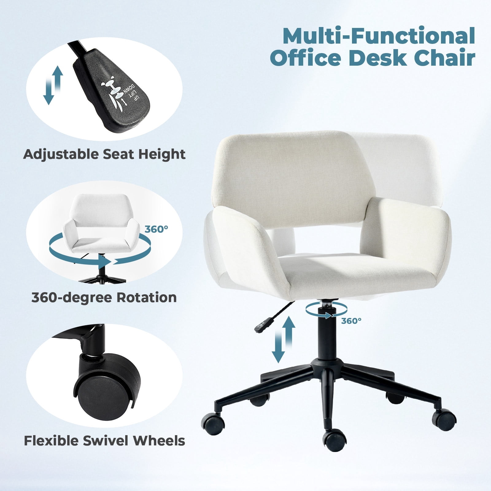 Homy Casa Velvet Swivel Task Office Chair with Wheels, Adjustable Height Mid-Back Desk Chair for Vanity, Home Office, Study Room, Beige