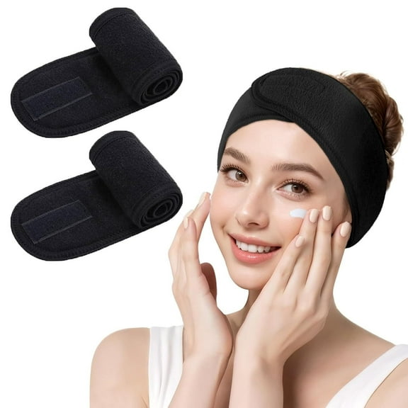 Facial Spa Headbands, Headband Terry Cloth Stretch Towel with Magic Tape, Suit for Makeup Shower Bath Wrap Sport,Black,2 Pcs