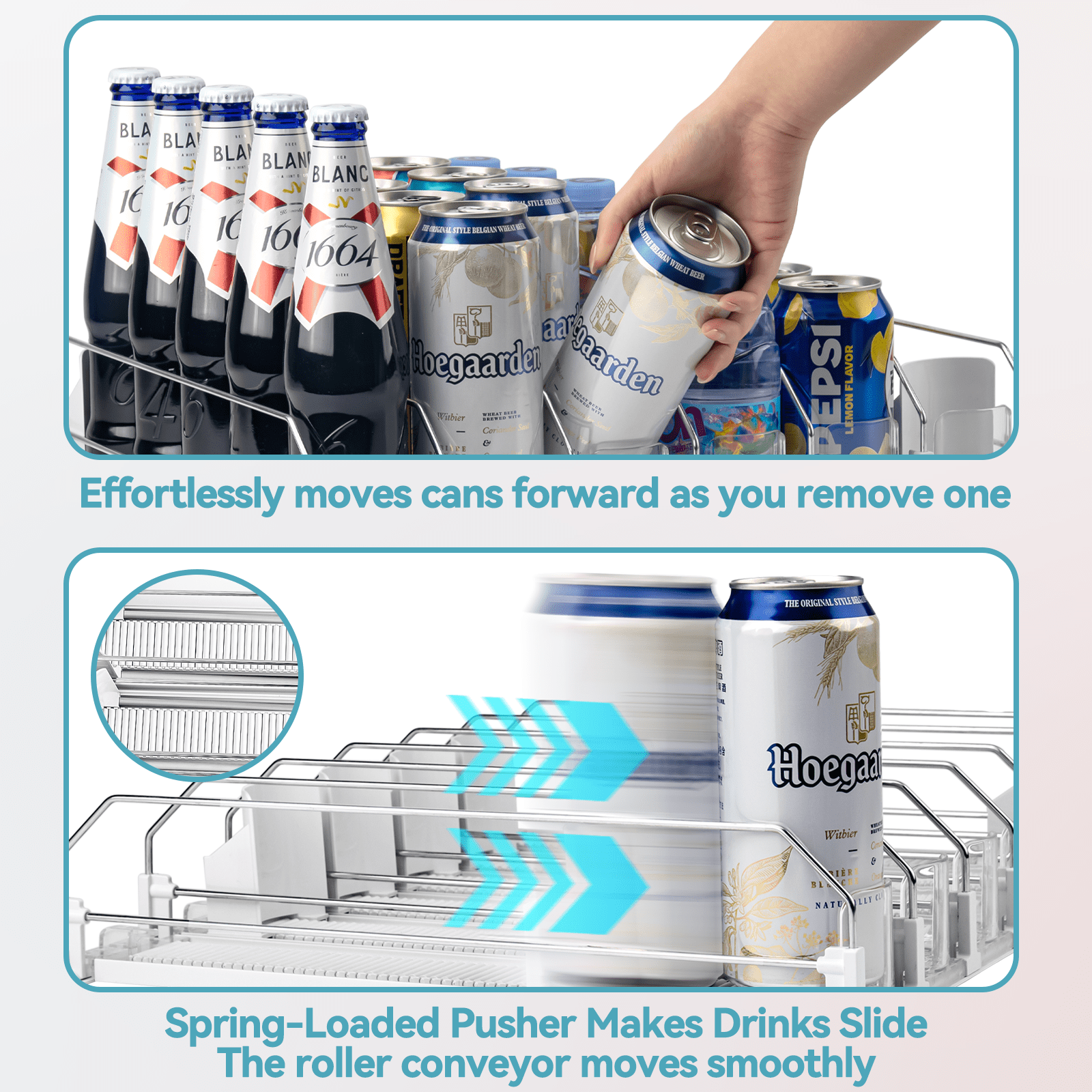 CZS Drink Organizer for Fridge, 6-Row Automatic Can Dispenser with Adjustable Width, Self-Pushing Soda & Bottle Rack Holds 15 Cans, Space-Saving White Design