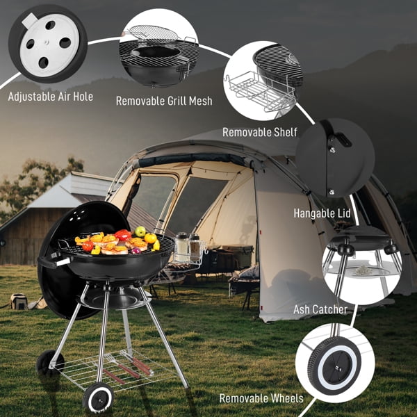 28" Portable Charcoal Grill with Wheels & Storage Rack - Porcelain-Enameled Kettle Grill with Ash Catcher & Thermometer for Camping, Parties & Picnics