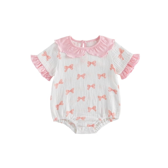BemeyourBBs Newborn Baby Girl Summer Clothes Bubble Romper Infant Baby Girls Fruit Outfit Short Sleeve Doll Collar Cute Fruits Bow Print Ruffle Trim Decor Bodysuit Jumpsuit Playsuit
