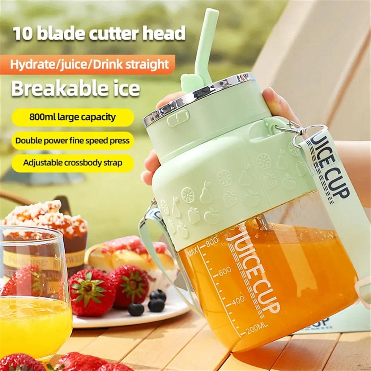 Wireless Portable Juicing Bucket Electric 800ml Cup Fresh Fruit Juicer with LargeCapacity and 10 StainlessSteel Blades,A