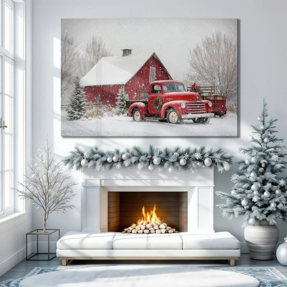 Red Pickup Truck Wall Art Snowy Rustic Red Barn Print Winter Festive Tree Poster Winter Festive Decor Seasonal Decor Gift Ready to Hang, Unframed Poster Size 8x12