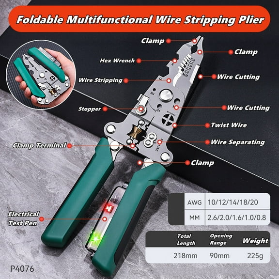 Multifunctional Wire Stripper with Electrical Test Pen Foldable Cable Cutter Crimper Tool, Electrical Folding Pliers for Cutting