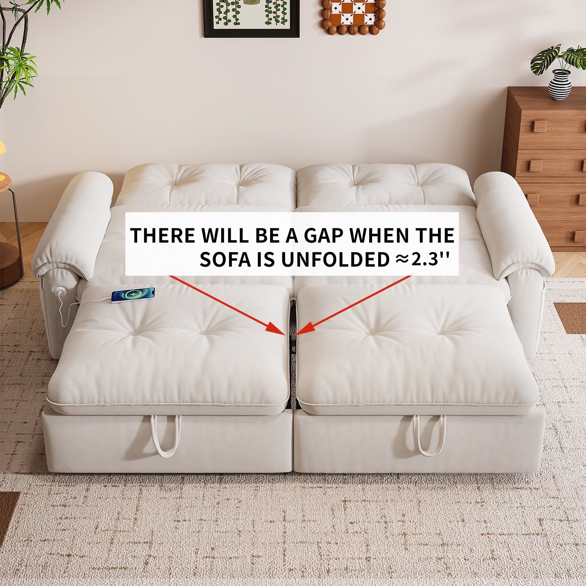 LLappuil 77" Pull Out Sofa Bed Queen Size, Loveseat Sofa Convertible Sleeper Sofa Bed, Flannelette Fabric Sofa Couch for Living Room Beige