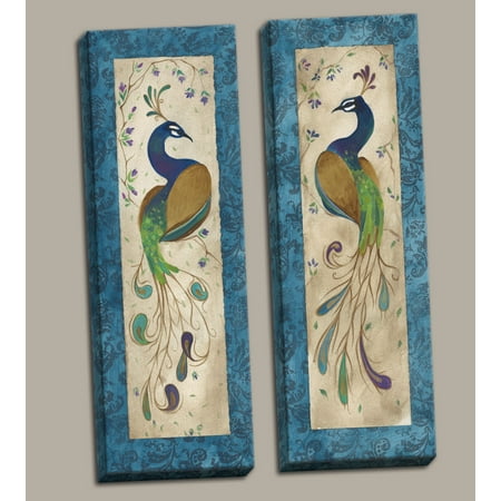 Blue Peacock 2 Blue Retro Peacock Pair Art Prints Green Purple Feathers Décor Two 8X20 Hand-Stretched Canvas ()