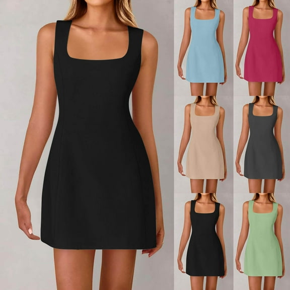 Summer Dresses for Women Sawvnm Women's Summer Fashion Solid Color Zipper Sleeveless Square Neck Dress Mother's Day Gift for Women Girls