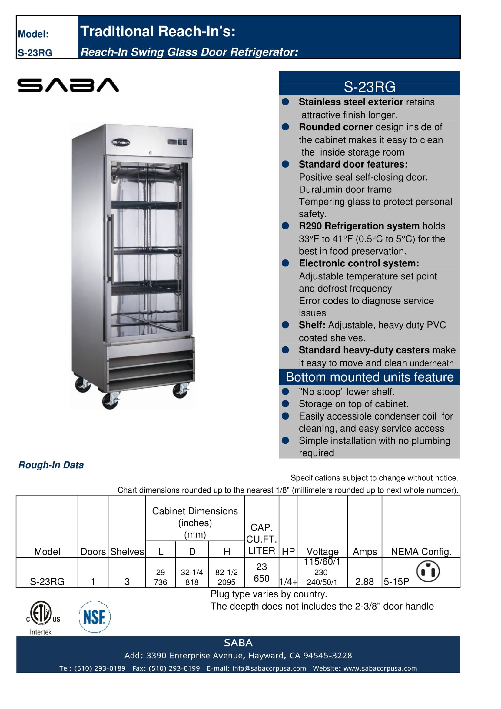 Heavy Duty Commercial Stainless Steel 23 cu ft Glass Door Reach-In Refrigerator (1 Door)