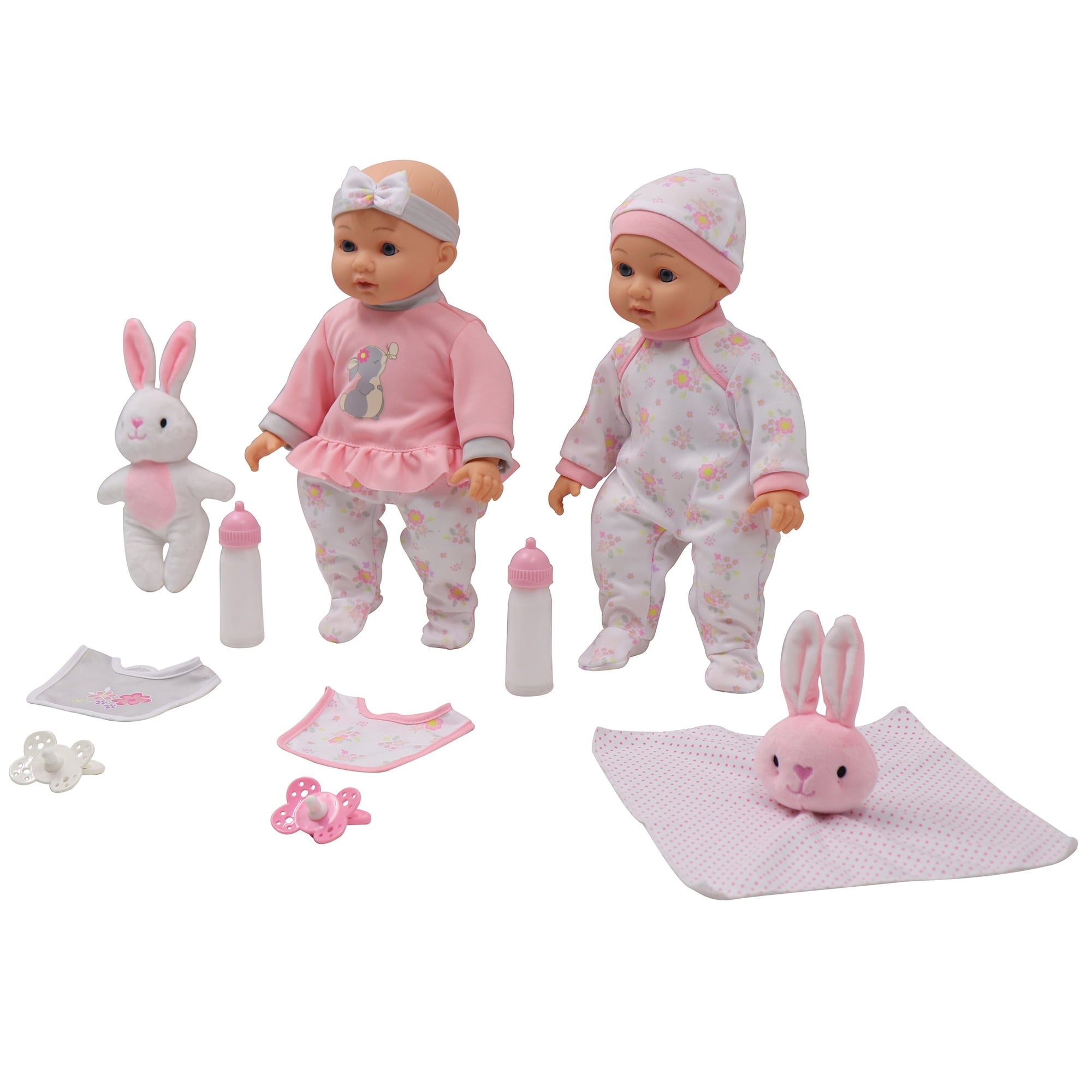 Dream Collection: Deluxe Twin Set - Bunny - 2 Lifelike 14" Baby Dolls, 4 pc Feeding Accessories, Soft Body, Pacifiers, Pretend Play, Kids Ages 2+