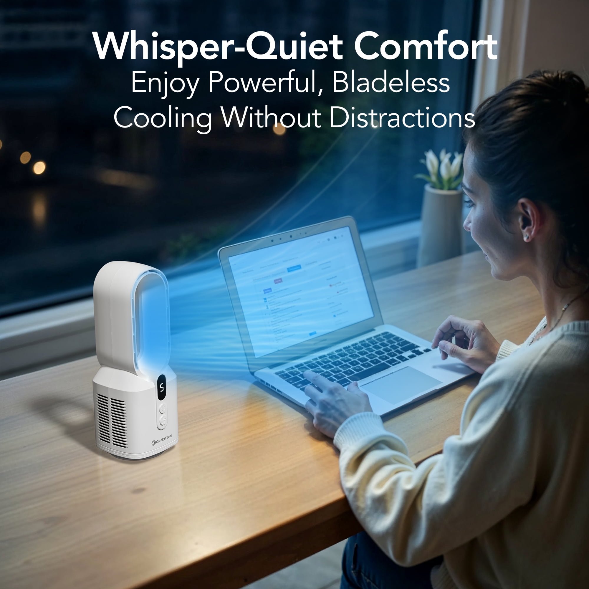 Comfort Zone 14" Rechargeable Bladeless Tabletop Fan, White