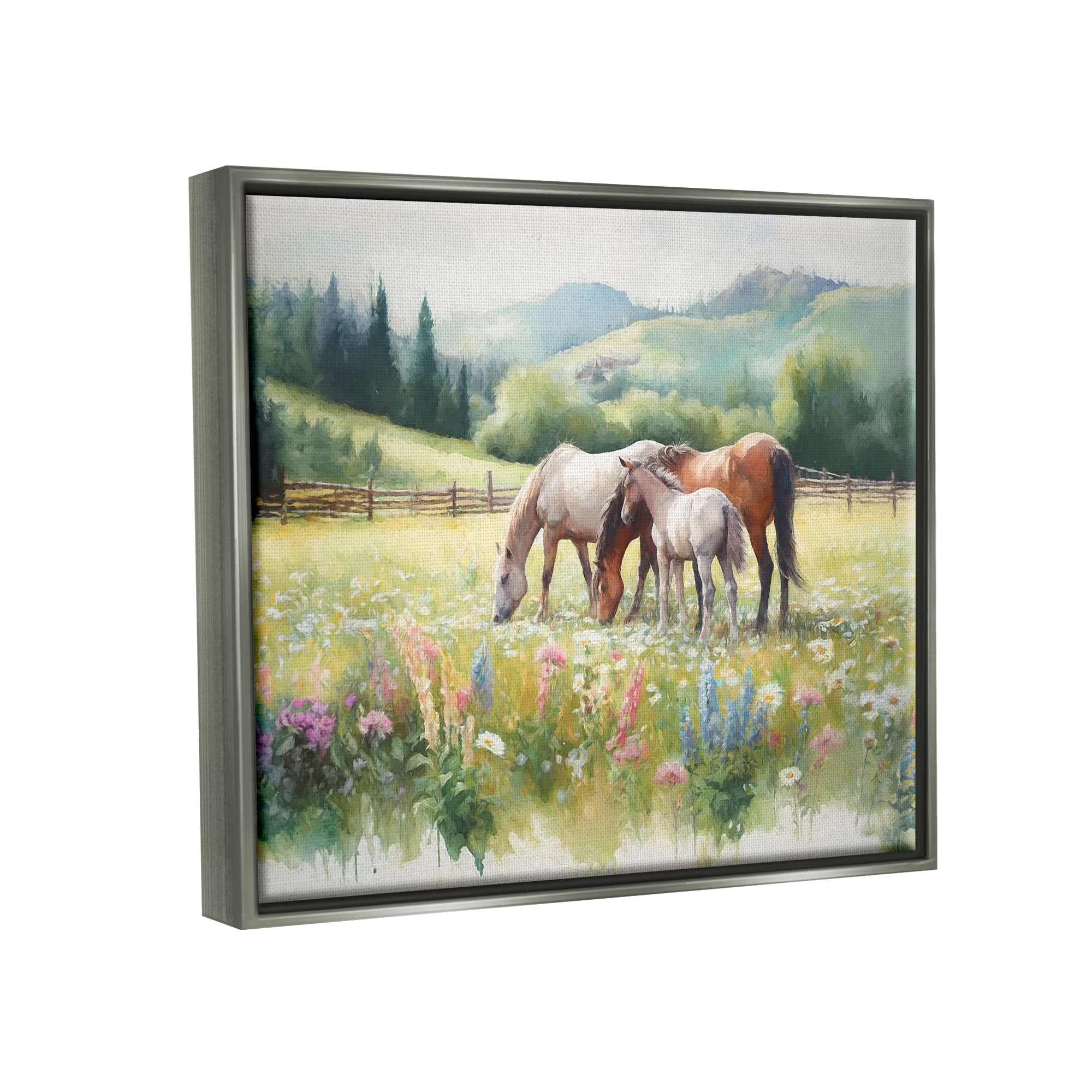 Stupell Industries Horses in Spring Meadow Animals & Insects Painting Gray Floater Framed Canvas Art Print Wall Art, 31 x 25