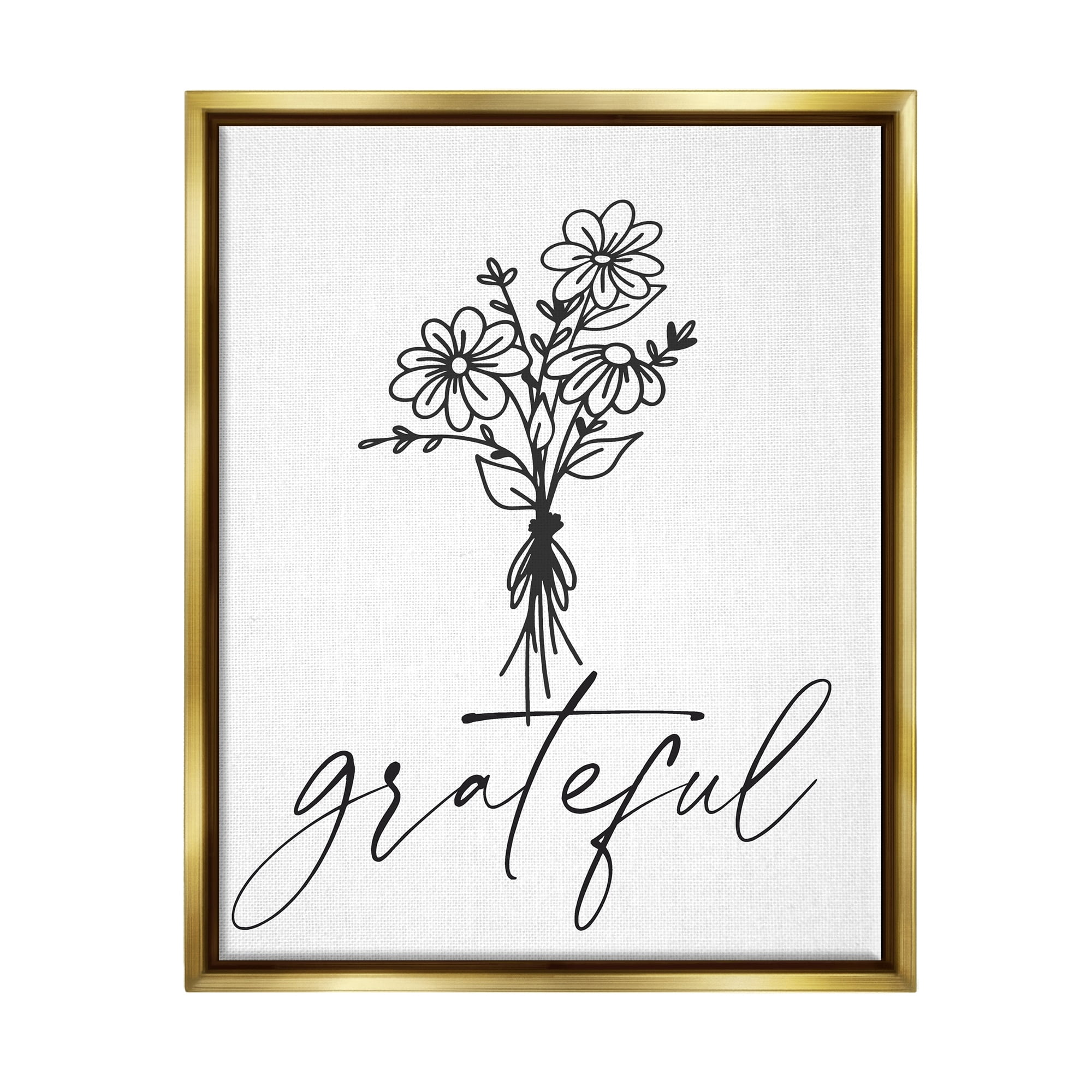 Stupell Industries Grateful Casual Script Calligraphy Floral Daisies Bouquet Graphic Art Metallic Gold Floating Framed Canvas Print Wall Art, Design by Lettered and Lined