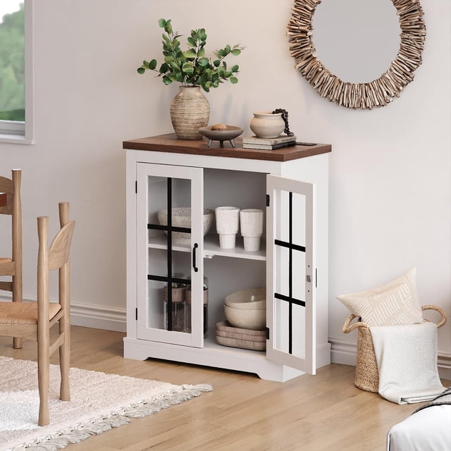 EDTara Storage Buffet Cabinet, Sideboard With Glass Doors, Built-In Outlet, and Walnut Top for Kitchen or Living Room
