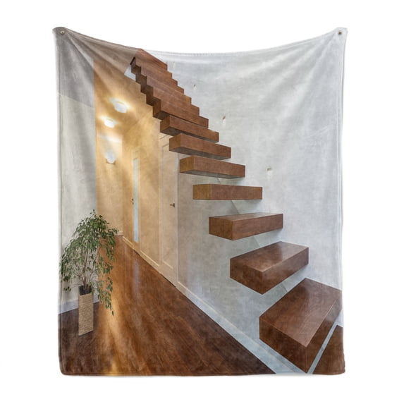 Modern Soft Flannel Fleece Throw Blanket, Contemporary Hall in a Spacious Apartment, Cozy Plush for Indoor and Outdoor Use, 50" x 70", Brown Pastel Brown White, by Ambesonne