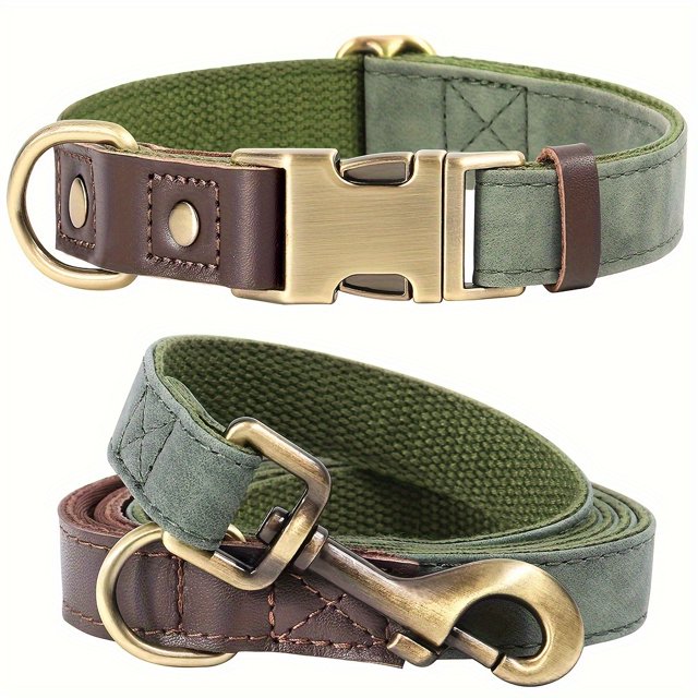 CNKOO PU Synthetic Leather Pet Collar and Leash Set Retro Color Matching Durable Nylon Webbing Lined Dog Collar Suitable for Large Medium and Small Dogs
