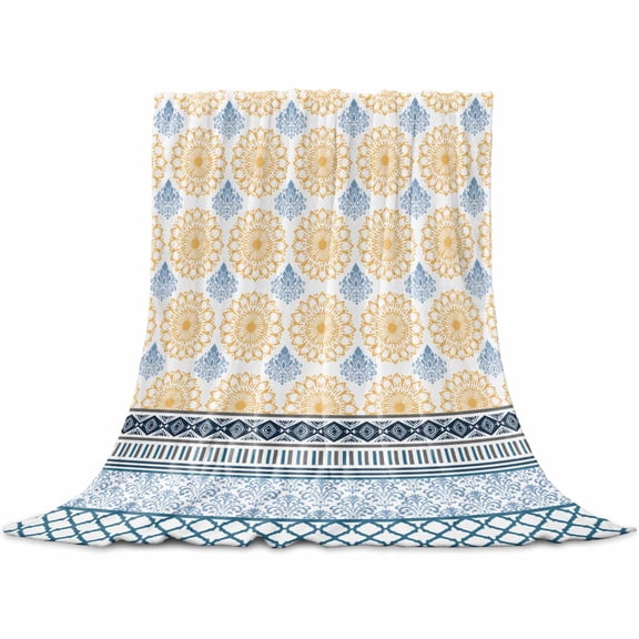 Yellow Teal Boho Flannel Blanket for Bed, Vintage Geometric Stripes Abstract Art Soft Cozy Warm Couch Throw Blanket, Lightweight Fluffy Plush Bedding Blankets for Sofa Decor All Season 40"x50"