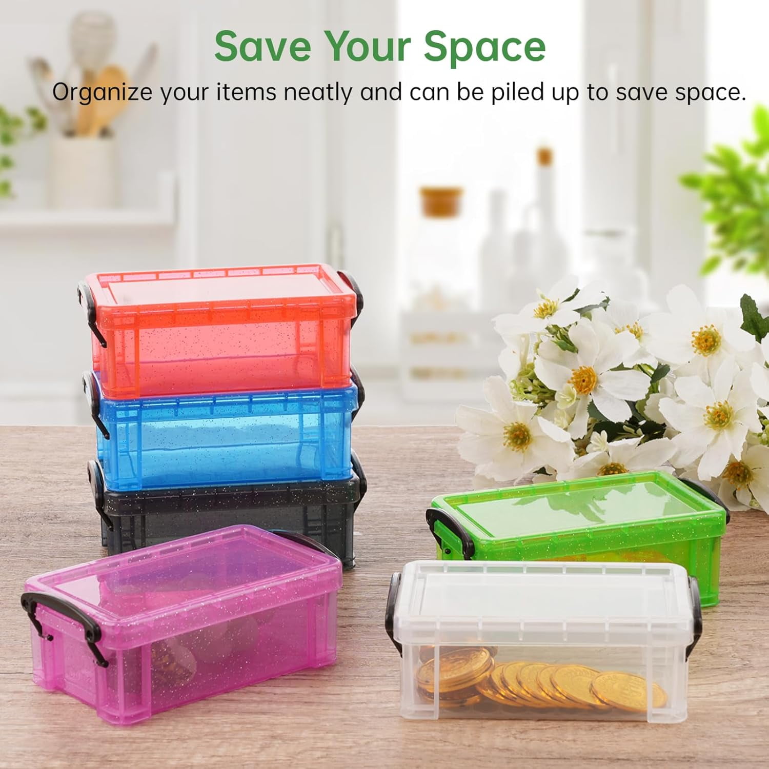 Mini Plastic Storage Containers with Locking Lids 6 PCS Small Organizer Bins Clear Assorted Colors Stackable Craft Tool Storage Boxes