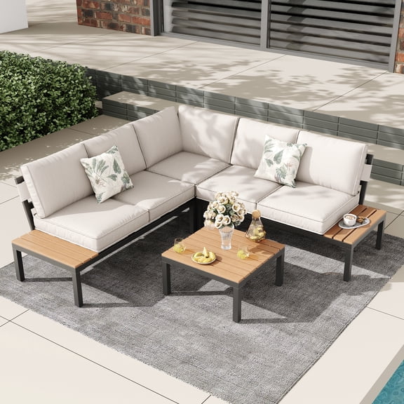 JOYURE 4-Piece Patio Furniture Set,Metal Outdoor Sectional Sofa with 3 Fauxwood Tables &Adjustable Reclining Chair,Patio Modular L Shape Sofa with Thickened Cushions for Backyard,Deck,Balcony,Beige
