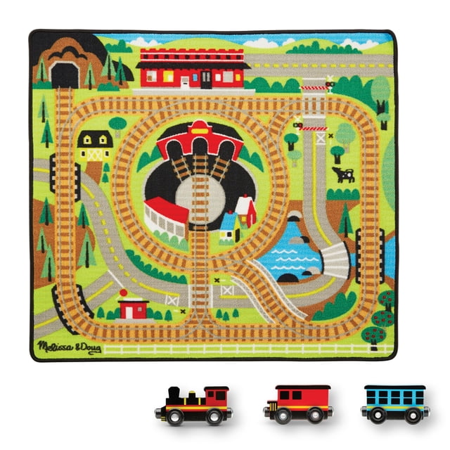 Melissa & Doug Round The Rails Train Rug with 3 Linking Wooden Train Cars (99 x 91 cm)