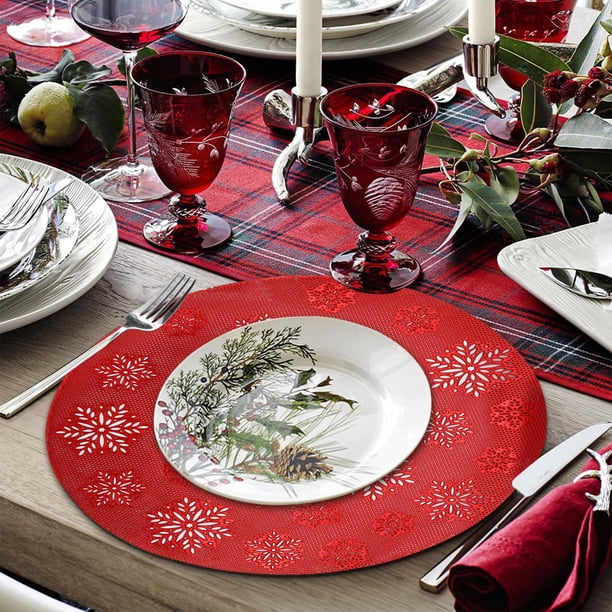Dvkptbk Napperons de Noël Ronds en PVC Flocon de Neige Rouge Givré Antidérapants Adaptés aux Tables de Cuisine Festives