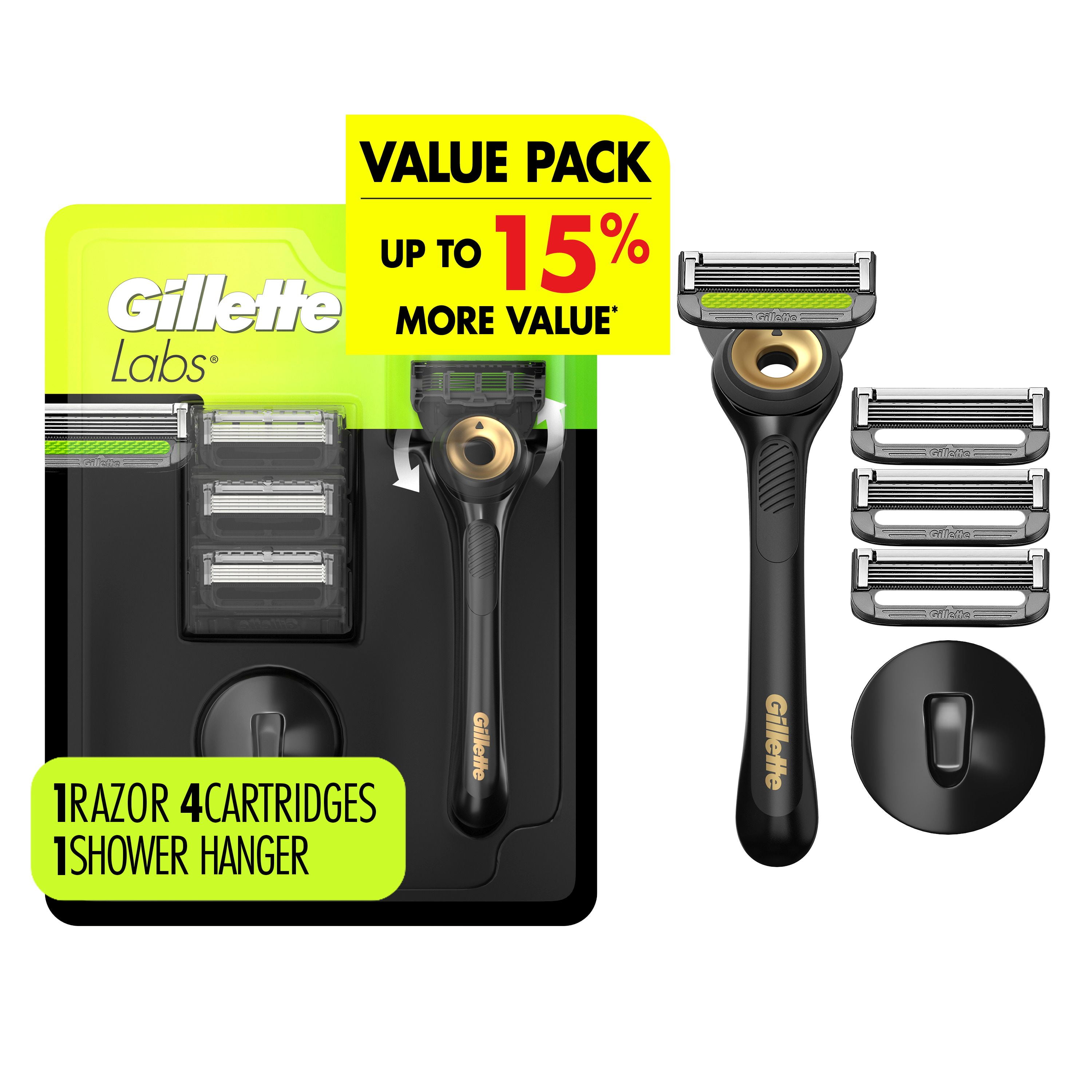 GilletteLabs with Exfoliating Bar Shaving Razor for Men, Black & Gold Edition, 1 Handle, 4 Blade Refills, 1 Magnetic Shower Hanger, 1CT