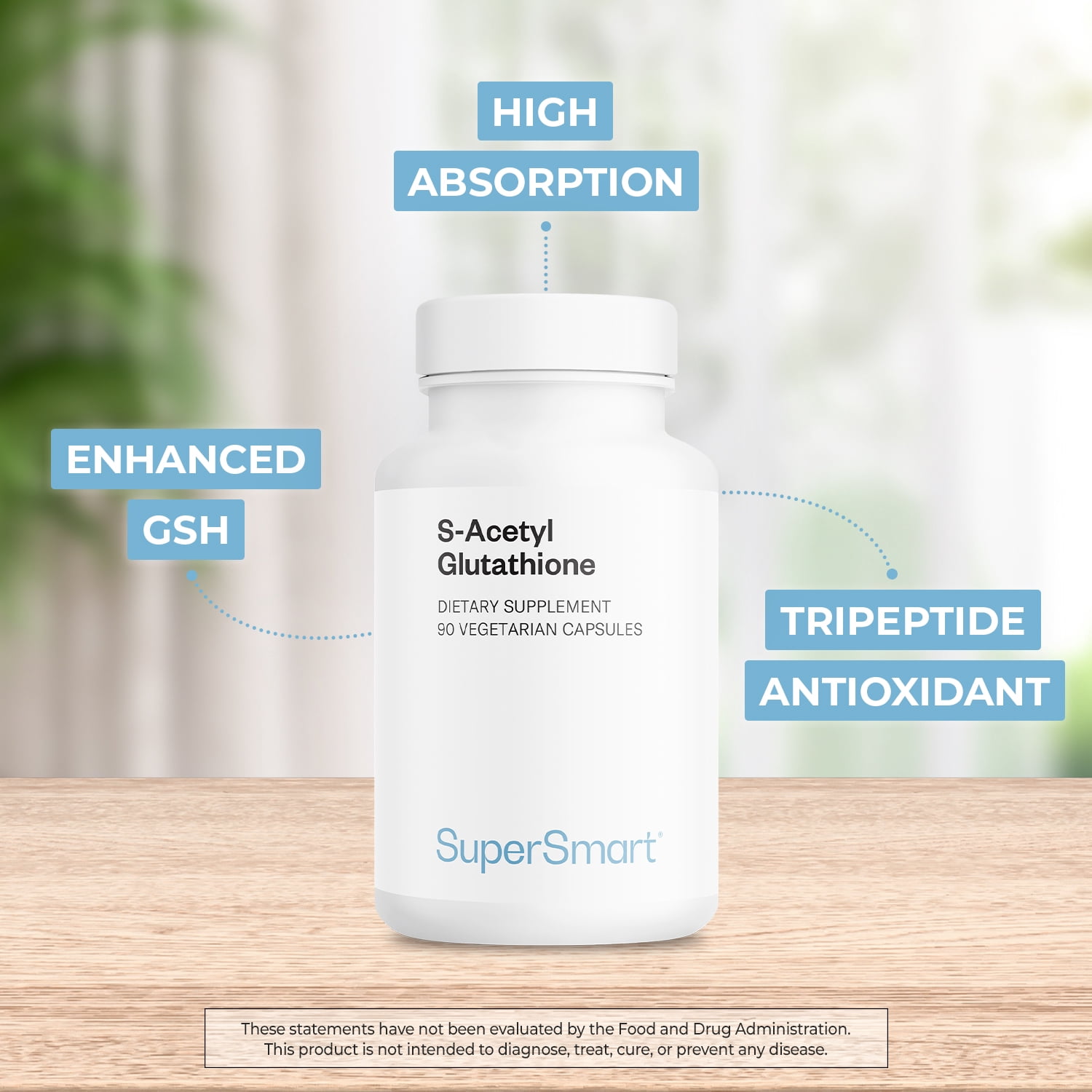SuperSmart S-Acetyl Glutathione 300mg per Day (High Absorption) - Stable Form of L-Glutathione Tripeptide - GSH Supplement | Non-GMO & Gluten Free - 90 Vegetarian Capsules