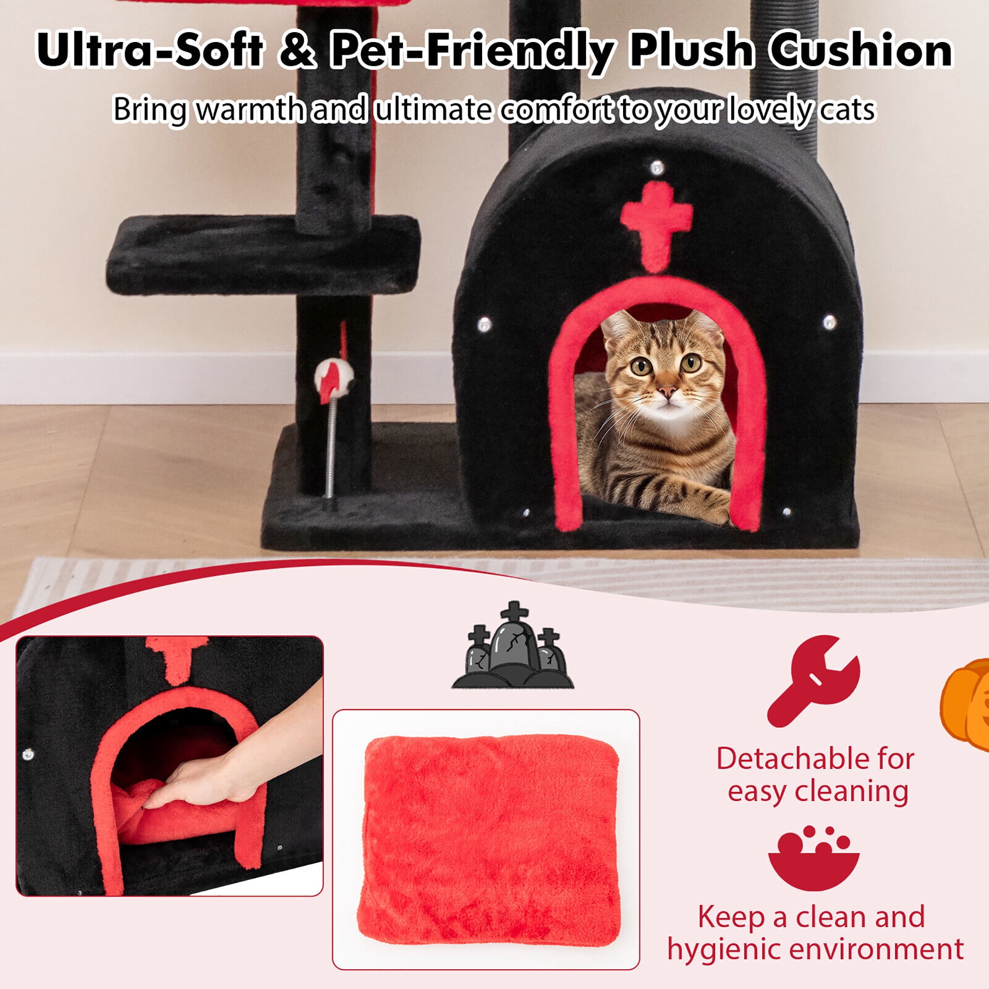 Gymax 6-Tier Gothic Cat Tree 53'' Tall Cat Tower w/ Cat Bed Arch-Shaped Condo Pompom