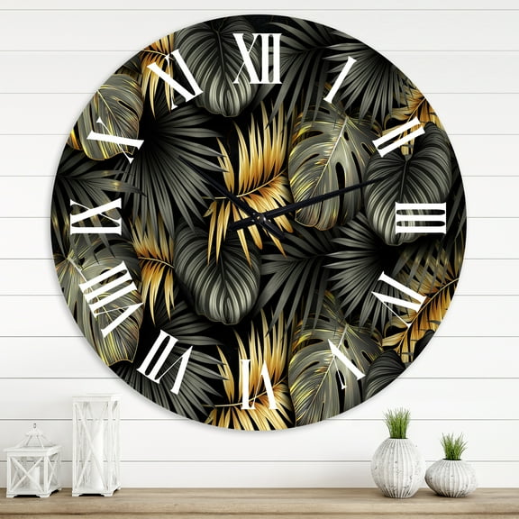 Designart 'Black And Gold Tropical Leaves Ii' Modern Wall Clock