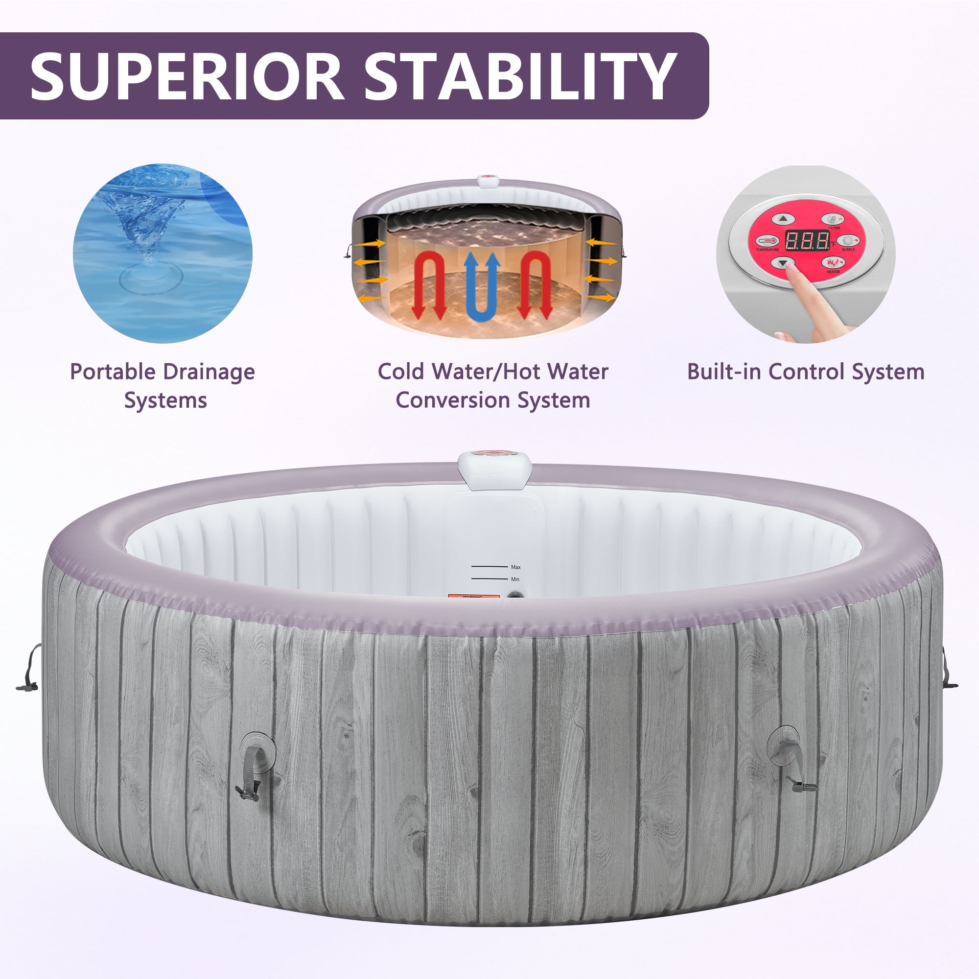 Portable Inflatable Hot Tub with Built-in Heating System - 264 Gallon Capacity, Massage Jet Home Hot Tub with Dust Cover for Teens and Adults, Wood Grain
