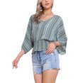 thumbnail image 4 of INSPIRAR CHIC Tops para el verano de mujeres, blusa de gasa con estampado de cuello en V, blusas de manga murciélago con fruncido, L Gris Claro Verde, 4 of 6