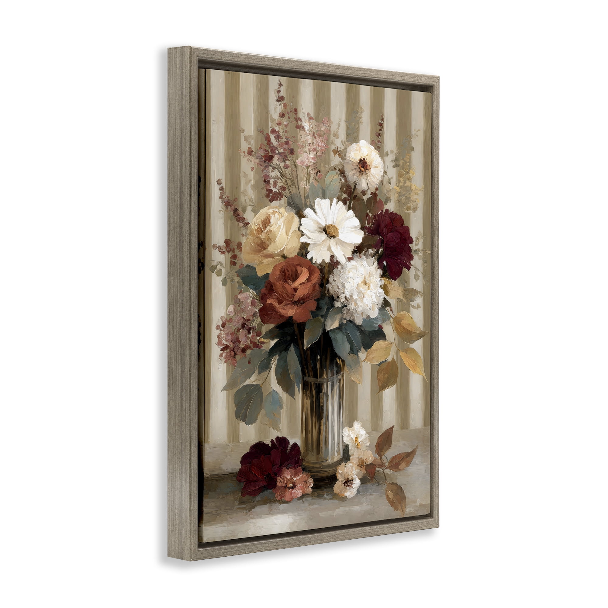 Stupell Industries Vintage Arrangement with Stripes Brown Framed Floater Canvas Wall Art, design by Petal Prints Design