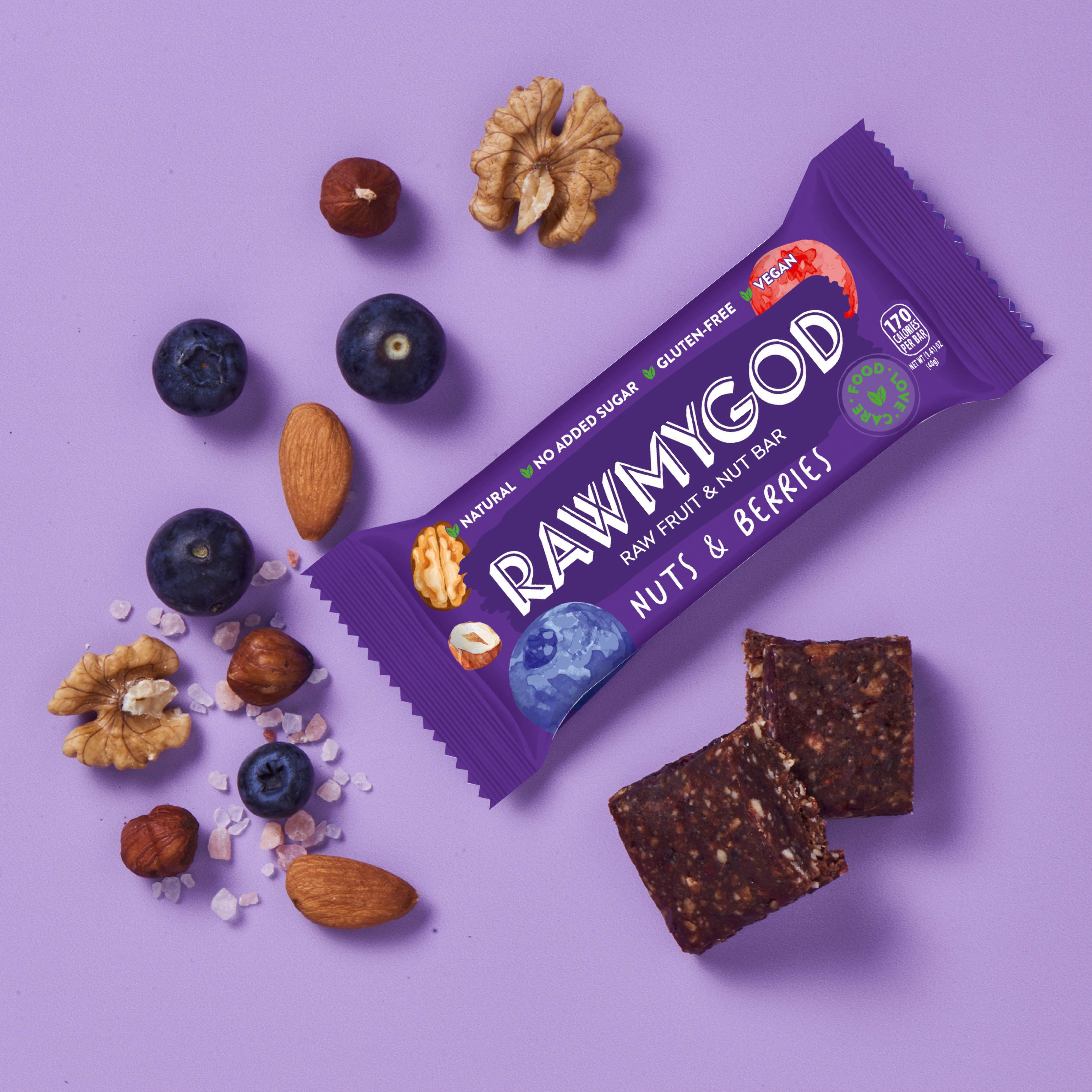 RAWMYGOD Raw Fruit and Nut Bar Nuts & Berries, Gluten Free, Vegan, No Added Sugar, 16 pack, 170 Calories per Bar