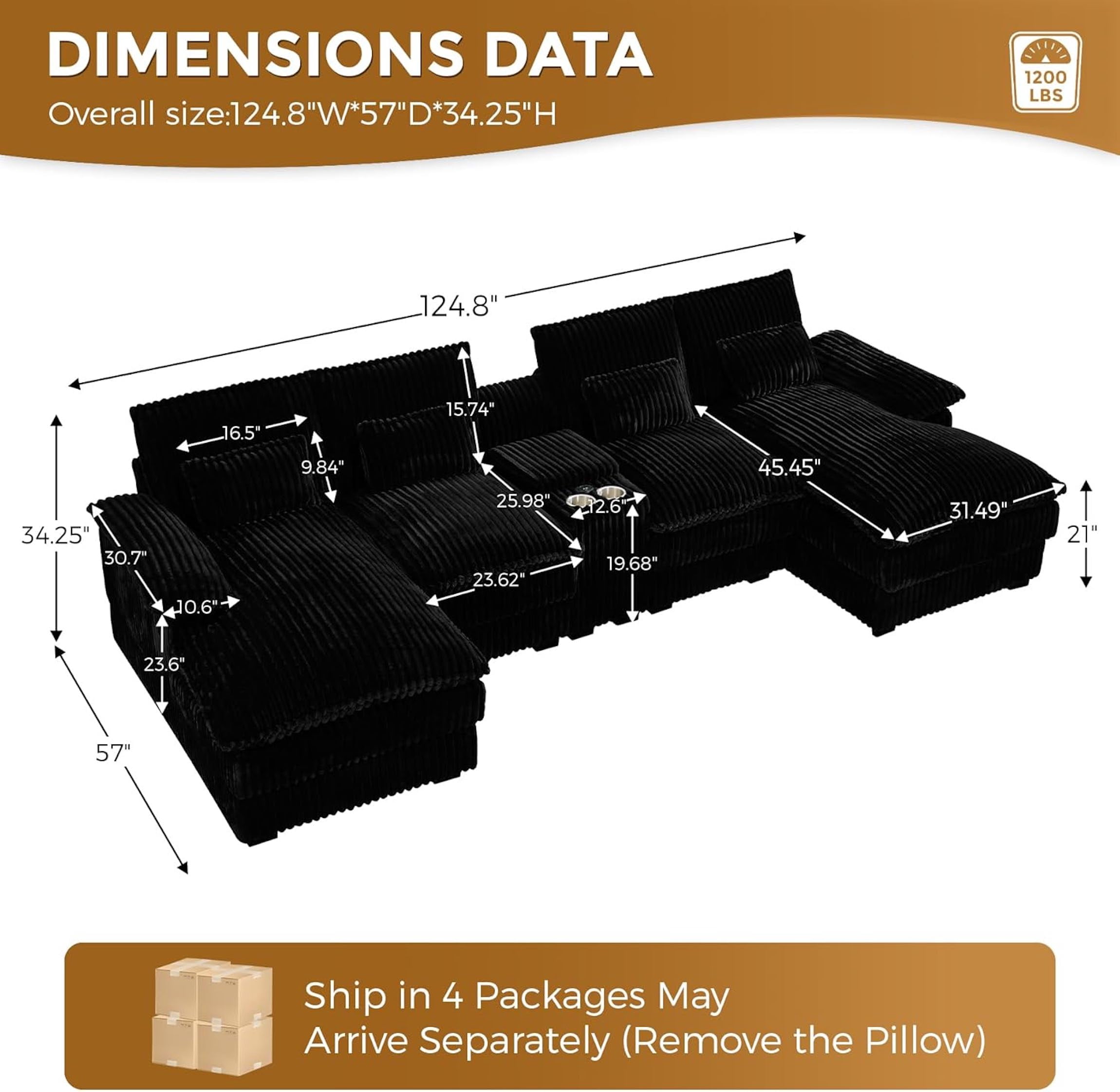 Aisword 124" U Shaped Cloud Couch Sectional with USB Charging, Hidden Storage, Cup Holders & Chenille Double Chaise, Black