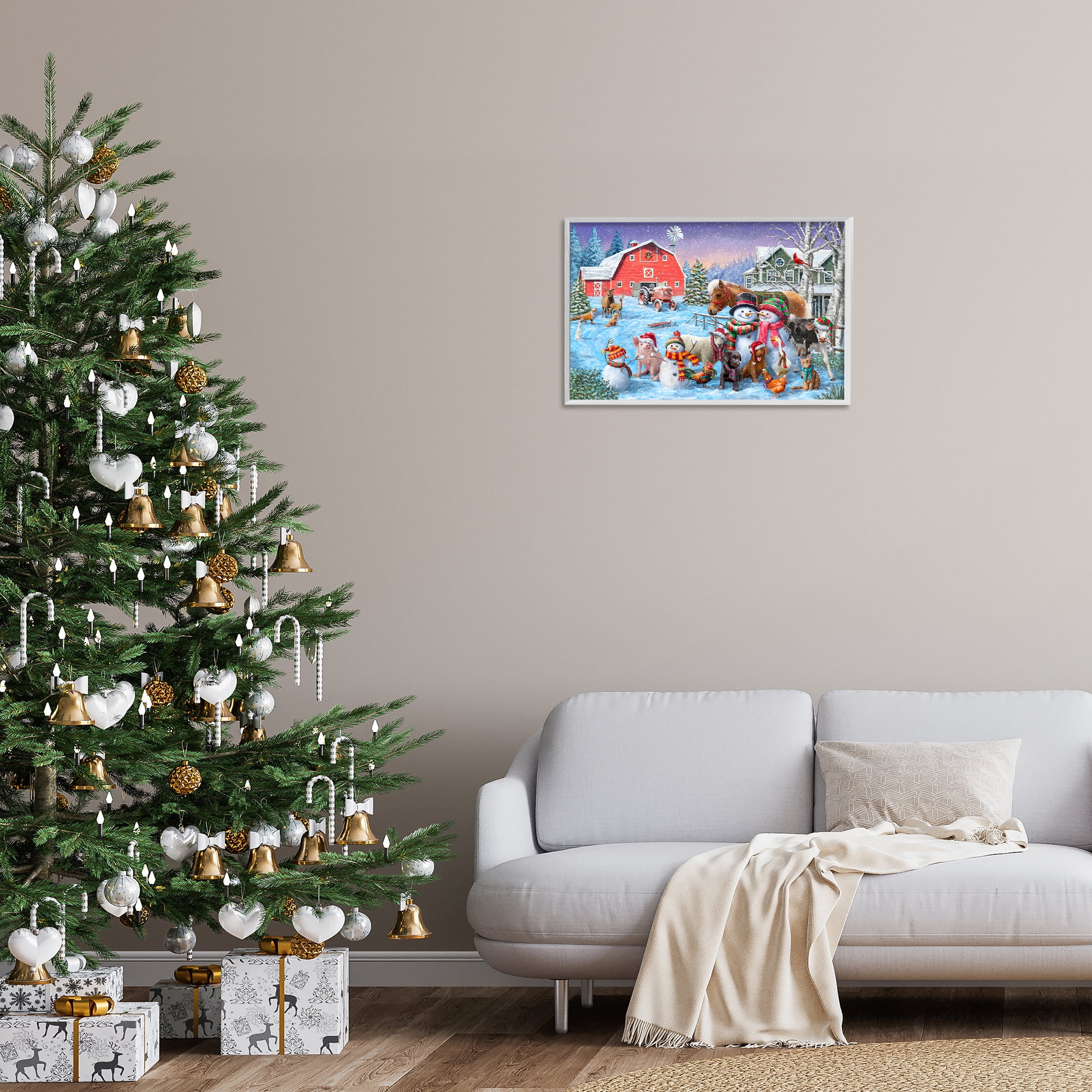 Stupell Industries Snowman & Dogs Family Holiday Painting White Framed Art Prints Wall Art, 24 x 16