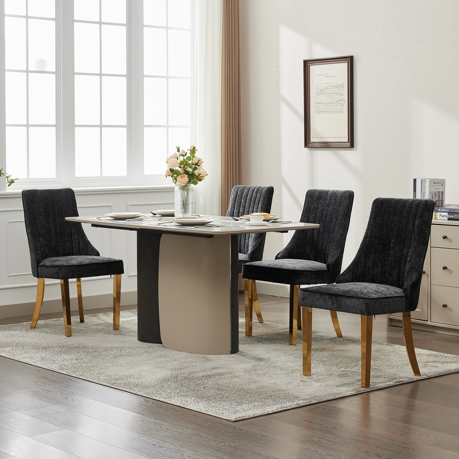 Black Mid Century Dining Chairs Set of 8, Modern Kitchen & Dining Room Chairs Set of 8, Chenille Fabric Upholstered Kitchen Chairs for Dining Table, Sillas de Comedor, Gold Legs (Black, 8 Pcs)