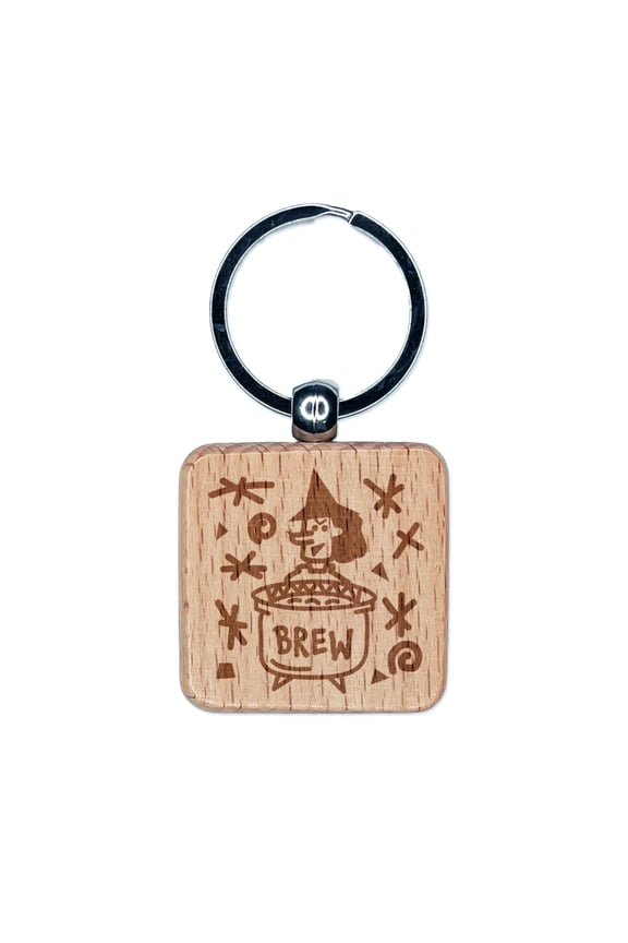 Witches Brew Pot Halloween Fun Square Keychain Charm Tag - Engraved Wood