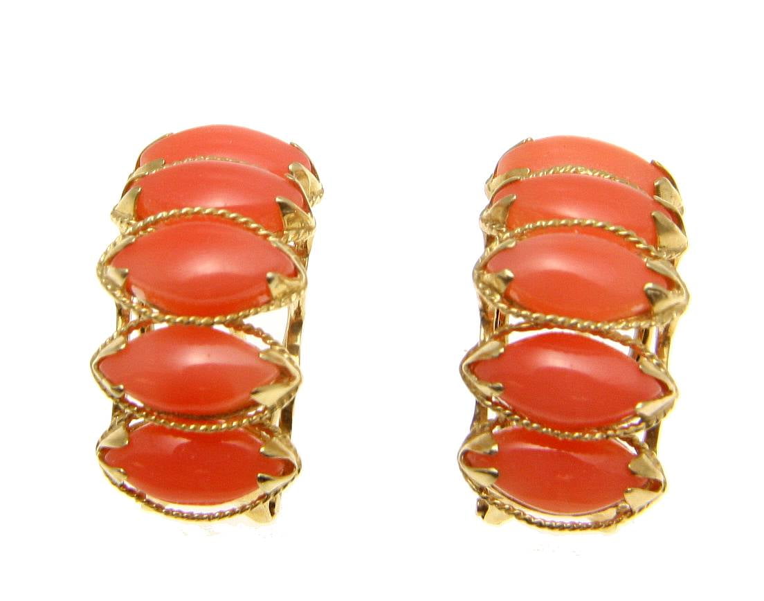 Genuine natural marquise pink coral earrings solid 14k yellow gold omega backs by