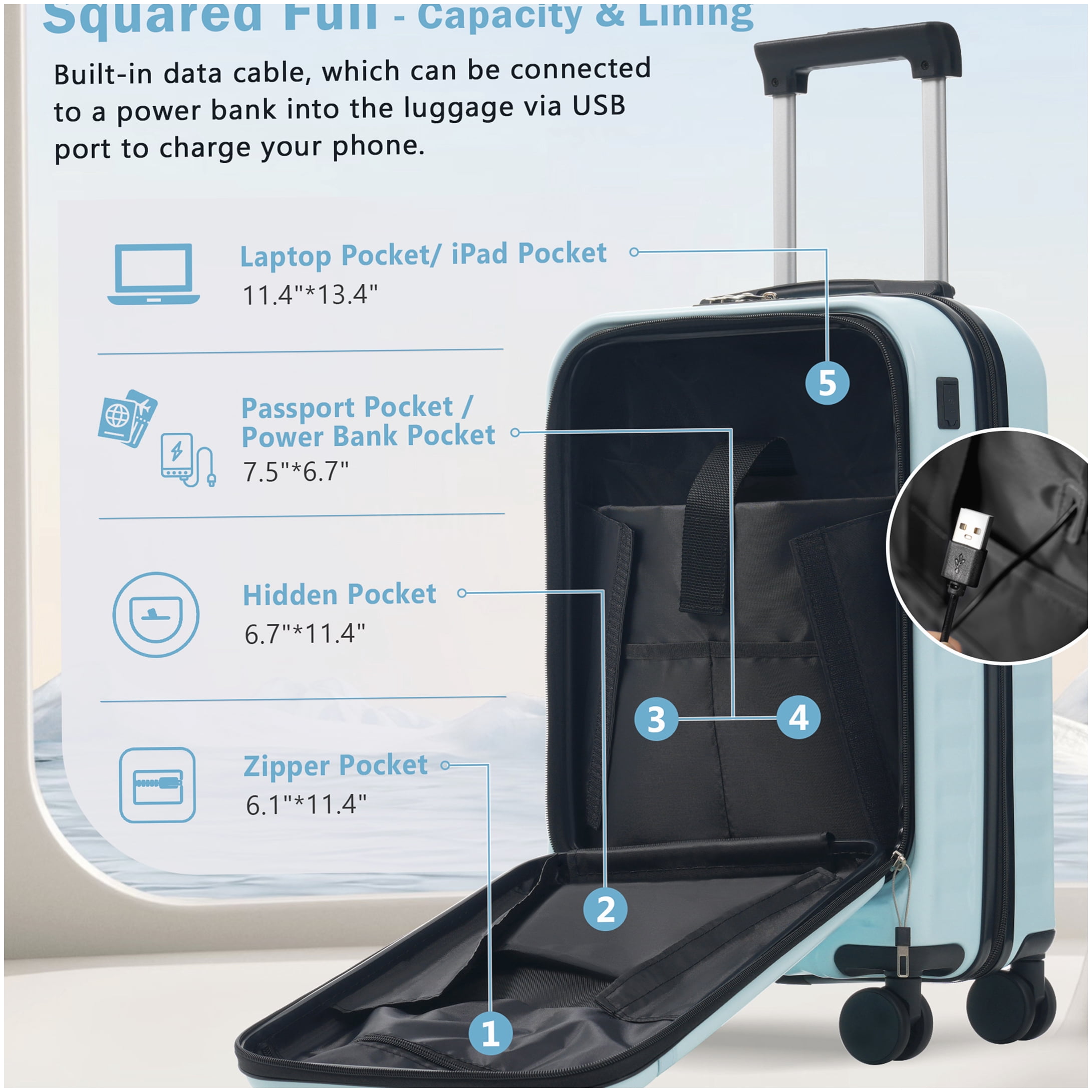 ABS Hardside 3-Piece Luggage Set with Front Opening & USB Charger, TSA Lock, Expandable Light Blue Suitcase with Wheels