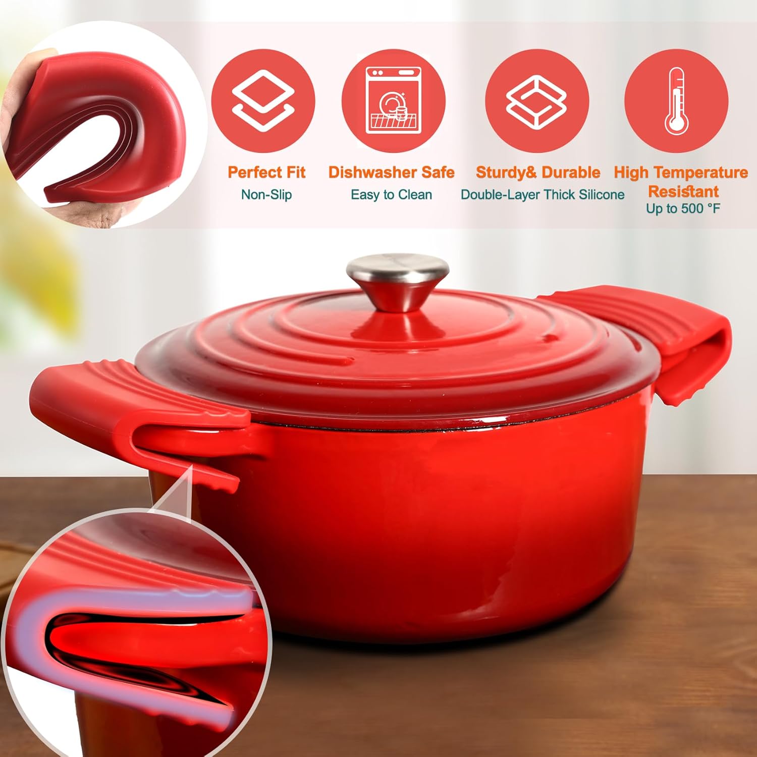 Silicone Handle Grips, Cerise 5" x 2 1/2" Each, Handle Grips& Handle Sleeve Fit for le creuset Dutch Ovens Accessories Five Year Free Replacement