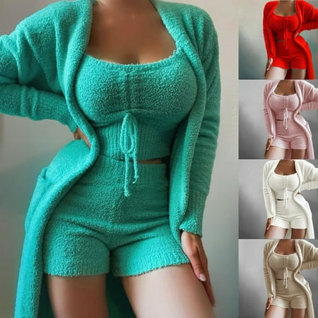 

Yinreli 1 Set Top Shorts Coat Solid Color Plush Three-piece Temperament Thick Sleepwear Set for Sleeping