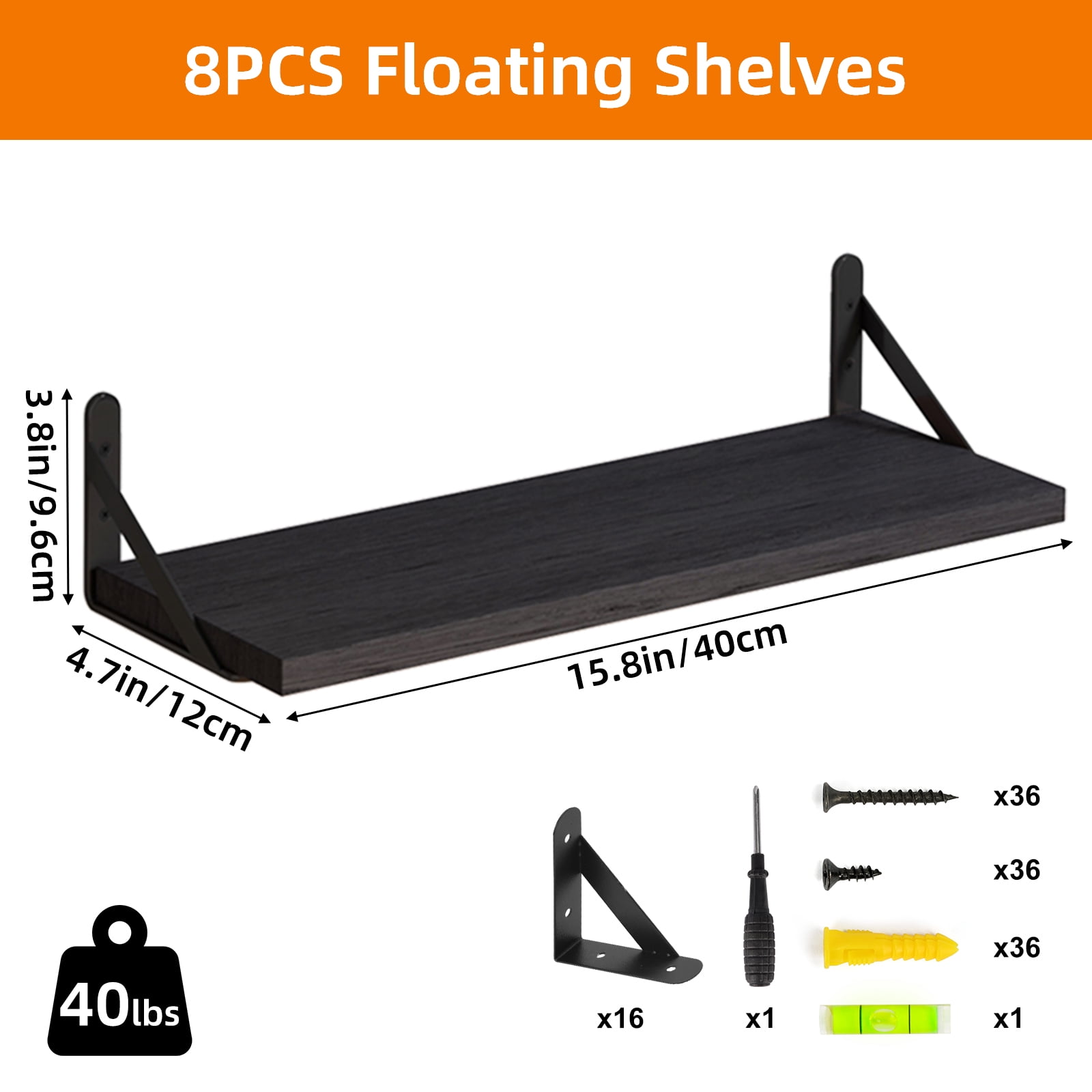 Fairy Floating Shelves, Rustic Wood Wall Shelves Set of 8, Wall Storage Shelves, 0.6x4.7x15.7inches, Black