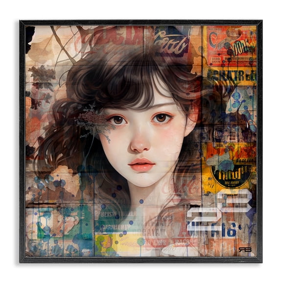 Stupell Industries Modern Girl on Vintage Collage Black Framed Giclee Art, 17 x 17, by RB